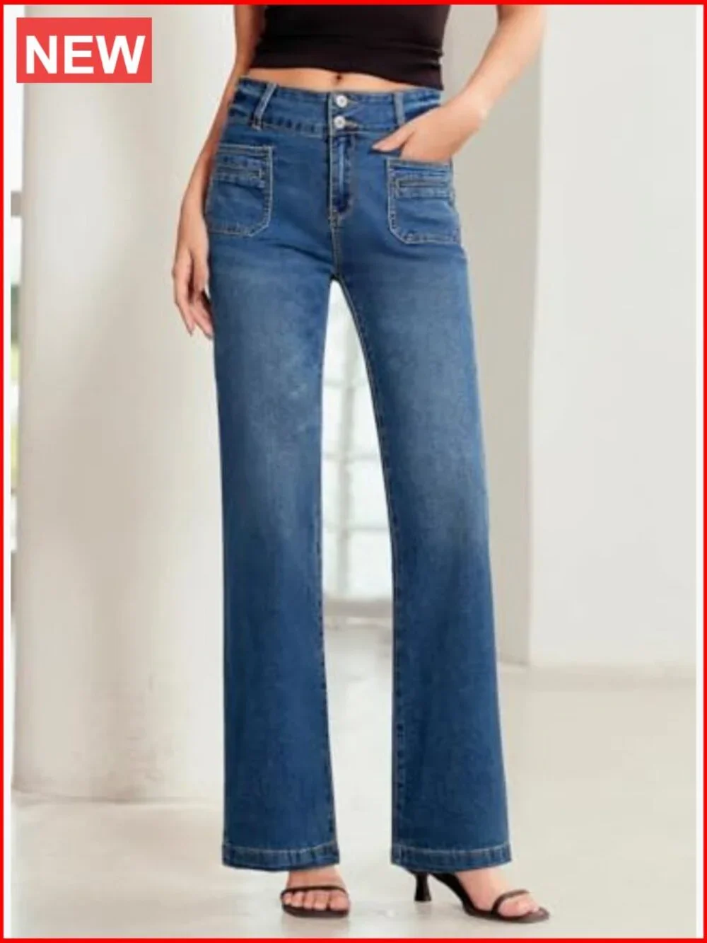 High Waisted Wide Leg Jeans with Tummy Control and Stretchy Fabric - Picture 5 of 7